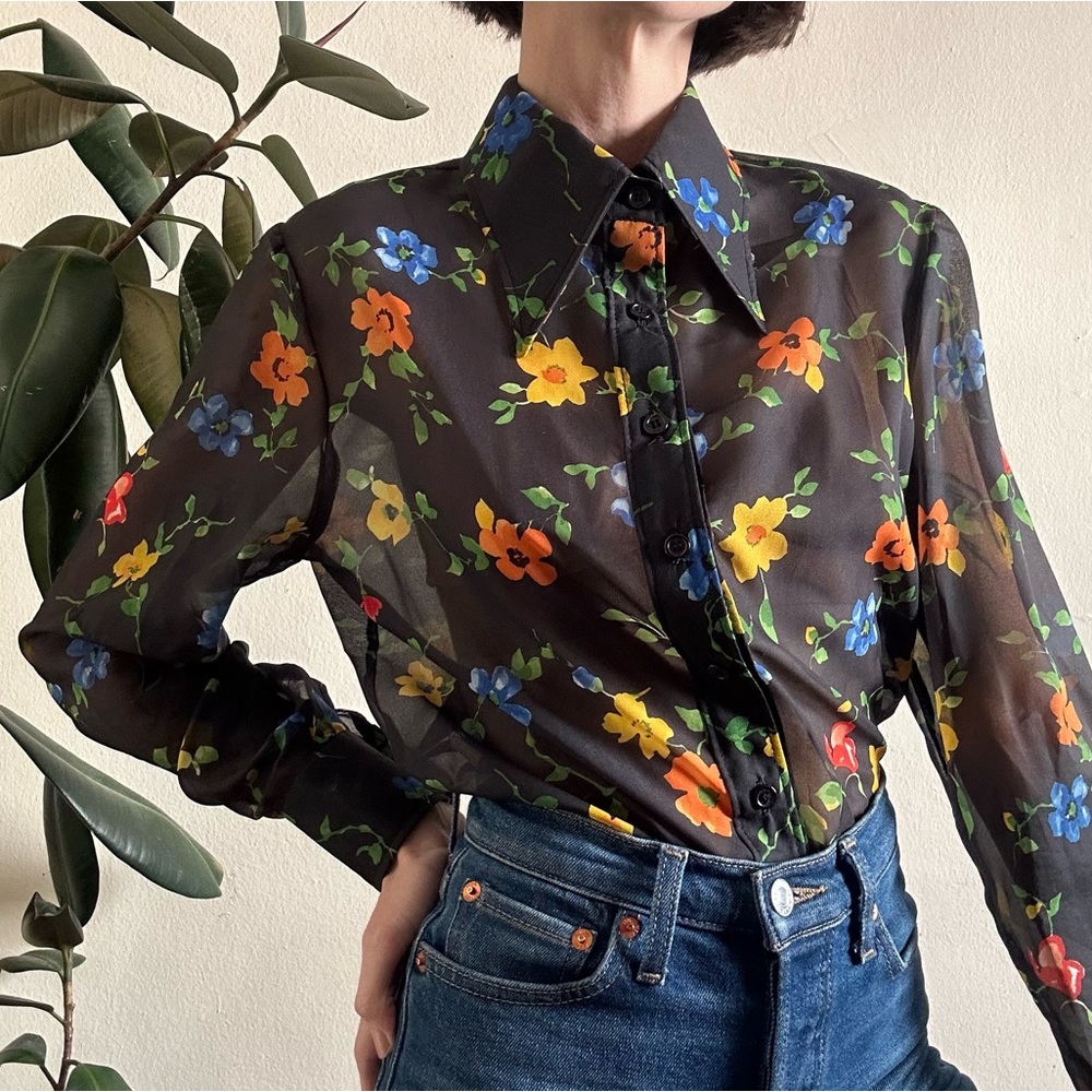 70's Sheer Floral Blouse - Picture 1 of 9